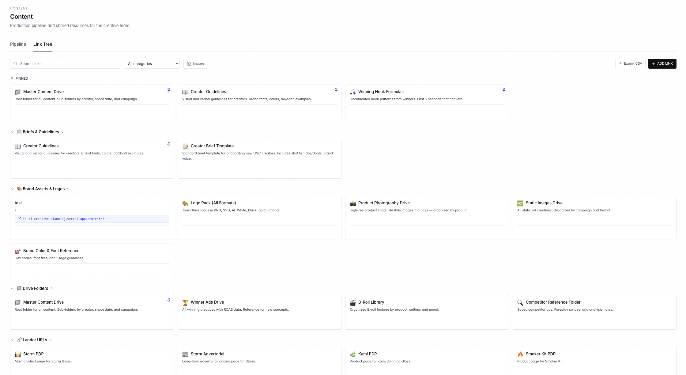 Brand library — angles, audiences, formats