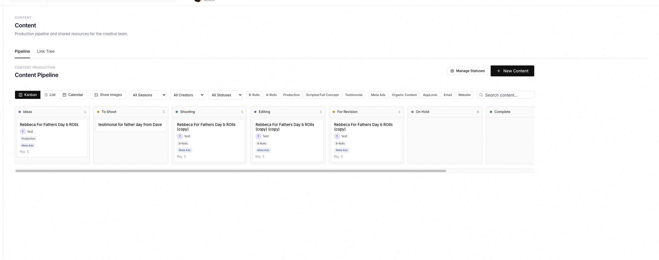 Content pipeline — kanban production board